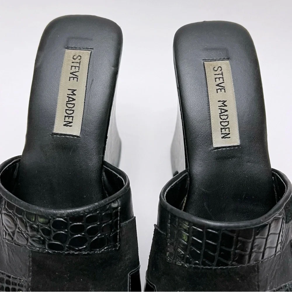 Vintage 90s Y2K Steve Madden Black Patchwork Leather Wood Platform Sandals - Picture 5 of 11